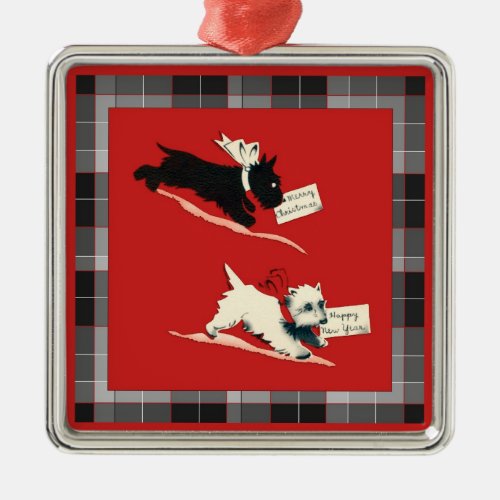 Two Scottie Dogs Black and White Scottish Terrier Metal Ornament