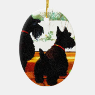 Two Scottie Dogs Waiting for Santa Claus Ceramic Ornament