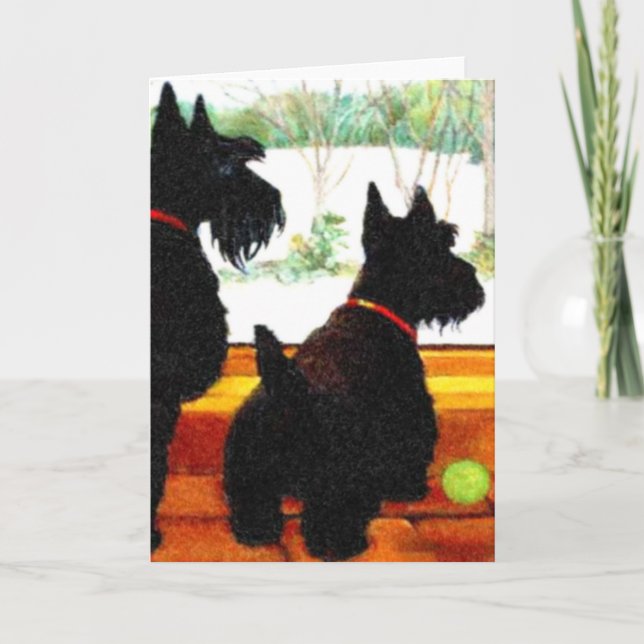 Two Scottie Dogs Waiting for Santa Claus Holiday Card (Front)