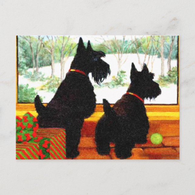 Two Scottie Dogs Waiting for Santa Claus Holiday Postcard (Front)