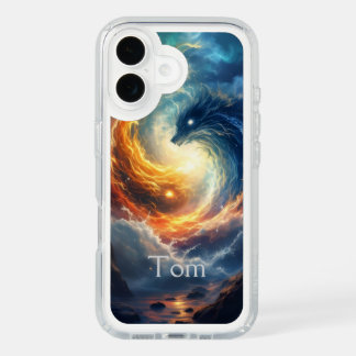 Two sea monsters chase each other above a dark iPhone 16 case