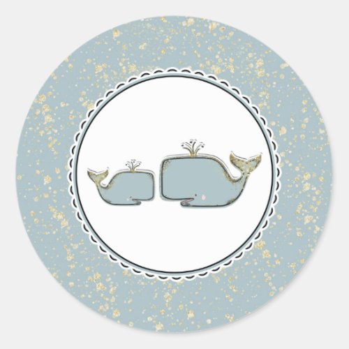 Two Sea Whales Blue  Gold Boutique Baby Shower Classic Round Sticker