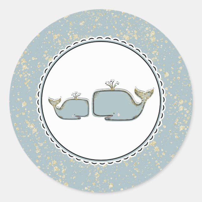 Two Sea Whales Blue & Gold Boutique Baby Shower Classic Round Sticker (Front)