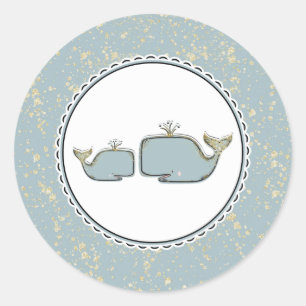 Two Sea Whales Blue & Gold Boutique Baby Shower Classic Round Sticker