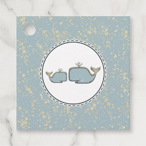 Two Sea Whales Blue  Gold Boutique Baby Shower Favor Tags