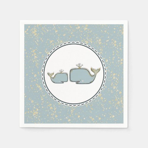 Two Sea Whales Blue  Gold Boutique Baby Shower Napkins