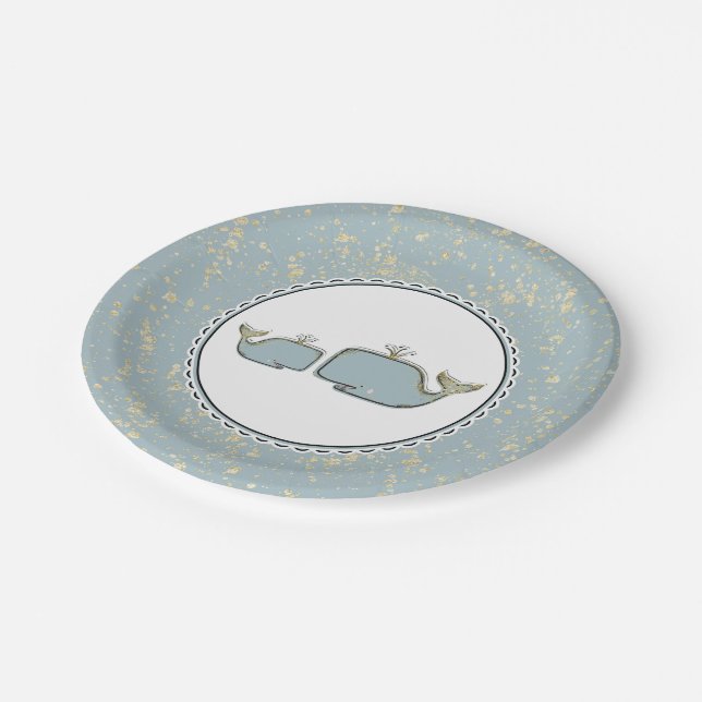 Two Sea Whales Blue & Gold Boutique Baby Shower Paper Plates (Angled)