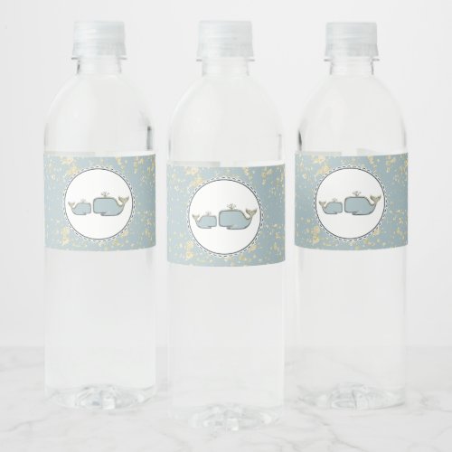 Two Sea Whales Blue  Gold Boutique Baby Shower Water Bottle Label