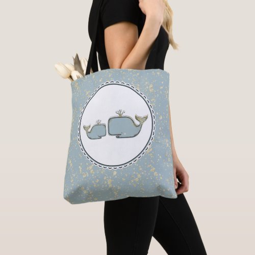 Two Sea Whales Blue  Gold Boutique Tote Bag