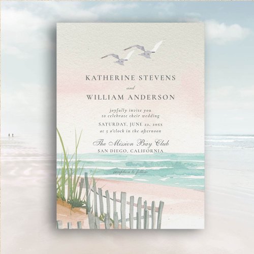 Two Seagulls Ocean Beach Fence Art Elegant Wedding Invitation