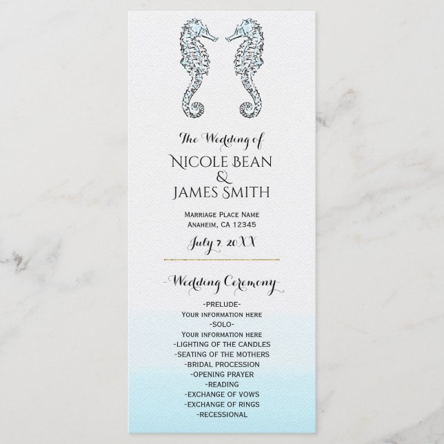 Two Seahorses Elegant Beach Wedding Program Rack (Front)