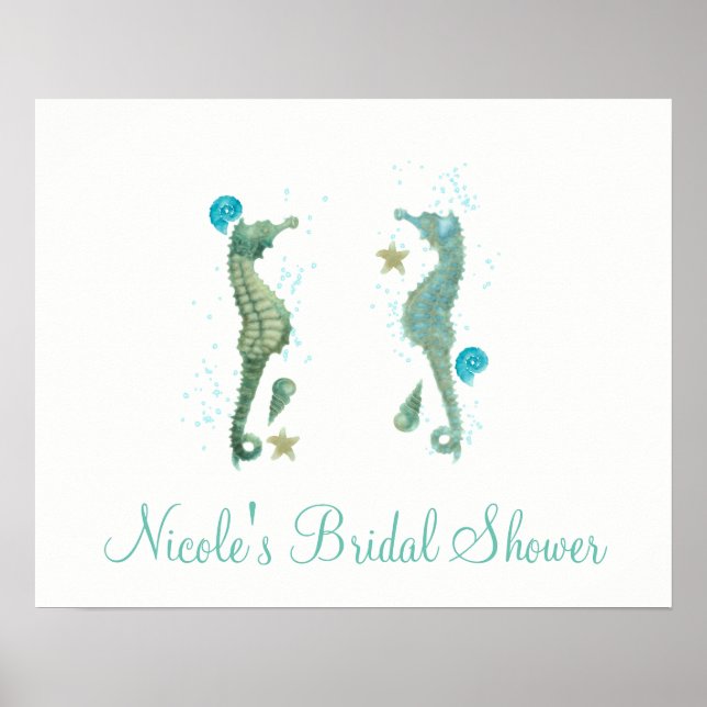 Two Seahorses Watercolor Beach Poster Banner (Front)