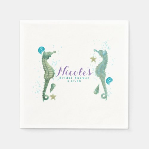 Two Seahorses Watercolor Beach Wedding Engagement Paper Napkins