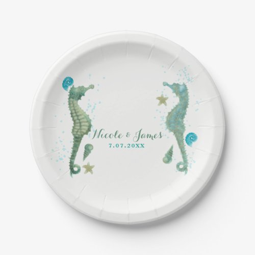 Two Seahorses Watercolor Beach Wedding Engagement Paper Plates