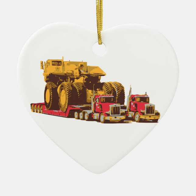 Two Semi Big Trucks carrying a Huge Mining Truck Ceramic Ornament (Front)