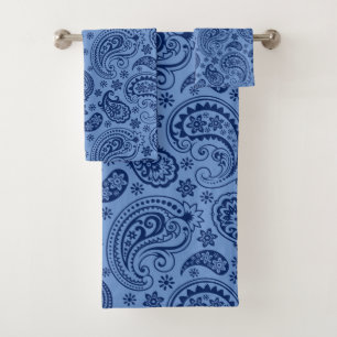 Two shades of blue vintage paisley pattern bath towel set