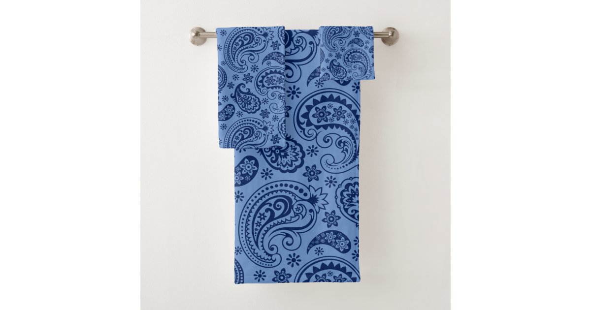 Two shades of blue vintage paisley pattern bath towel set