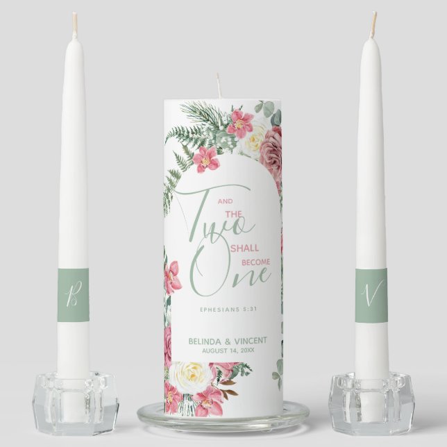 Two Shall Become One Bible Verse Wedding Unity Candle Set (Front)