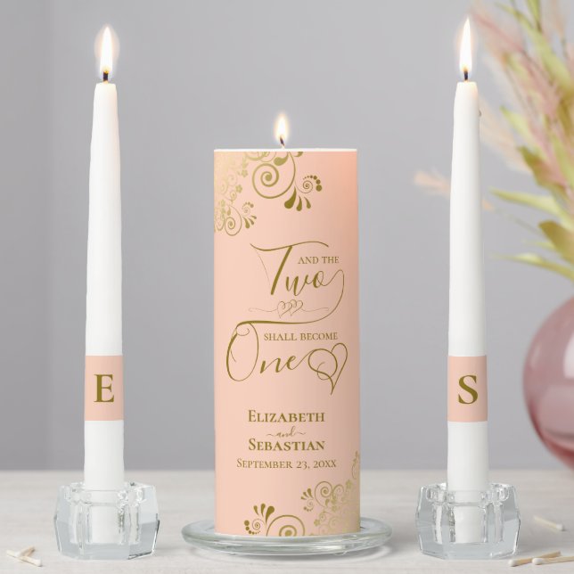 Two Shall Become One Coral Peach & Gold Elegant Unity Candle Set (In Situ)