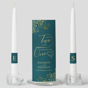 Two Shall Become One Elegant Dark Teal & Gold Unity Candle Set