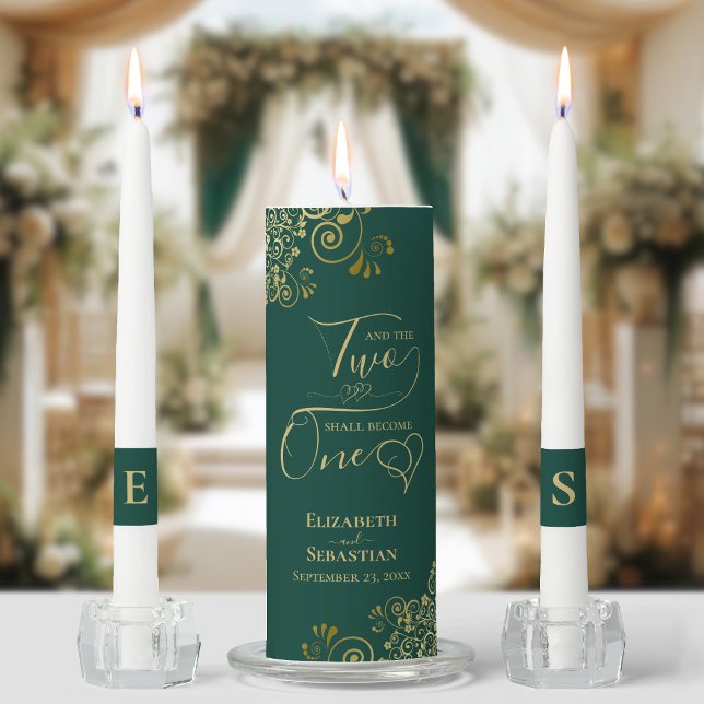 Two Shall Become One Elegant Emerald Green & Gold Unity Candle Set (Creator Uploaded)
