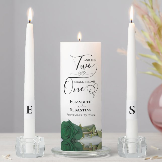 Two Shall Become One Elegant Emerald Green Rose Unity Candle Set (In Situ)
