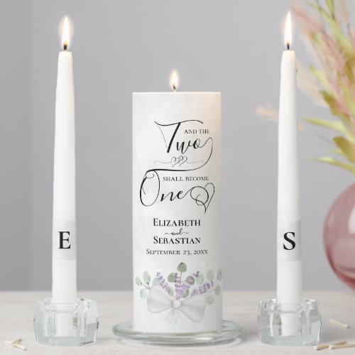 Two Shall Become One Elegant Eucalyptus  Lavender Unity Candle Set