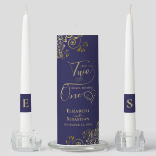 Two Shall Become One Elegant Navy Blue & Gold Unity Candle Set