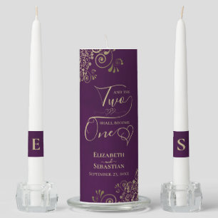 Two Shall Become One Elegant Plum Purple & Gold Unity Candle Set