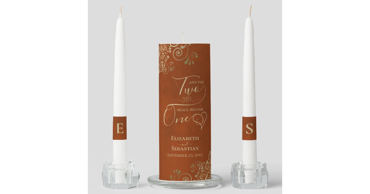 Two Shall Become One Elegant Rust Orange & Gold Unity Candle Set | Zazzle