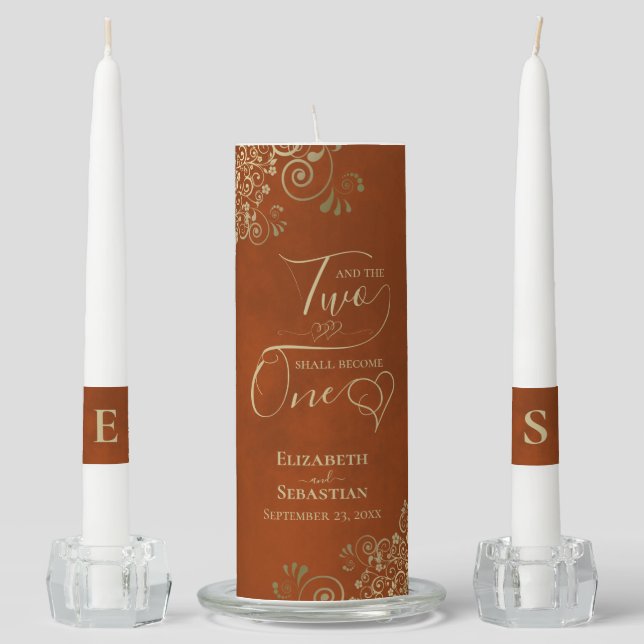 Two Shall Become One Elegant Rust Orange & Gold Unity Candle Set (Front)