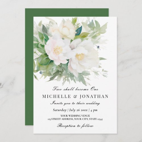 Two Shall Become One Elegant White Floral Wedding  Invitation