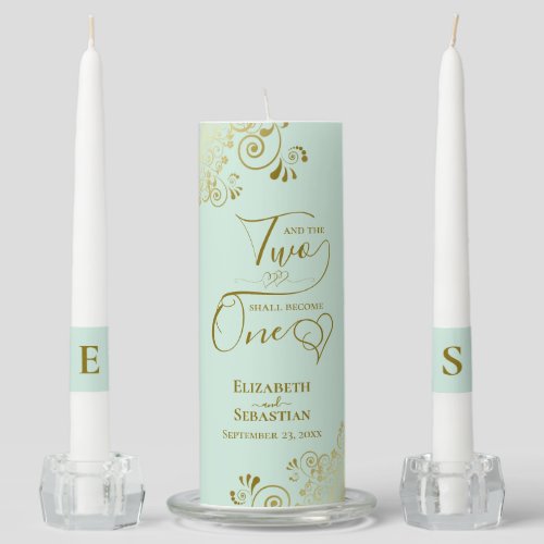 Two Shall Become One Gold Frills on Mint Elegant Unity Candle Set
