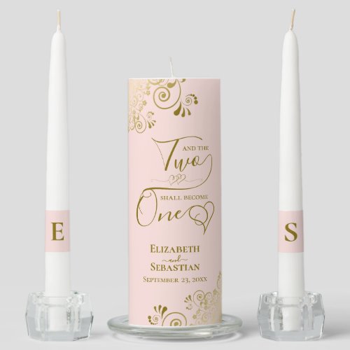 Two Shall Become One Gold Frills on Pink Elegant Unity Candle Set