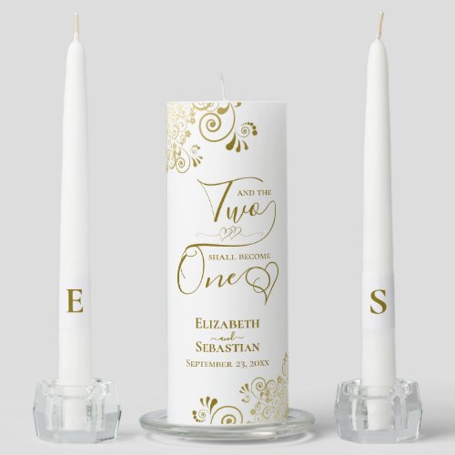Two Shall Become One Gold Frills on White Elegant Unity Candle Set