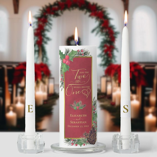 Two Shall Become One Holly Pine Christmas Wedding Unity Candle Set (Creator Uploaded)