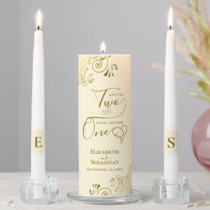 Two Shall Become One Ivory Cream & Gold Elegant Unity Candle Set