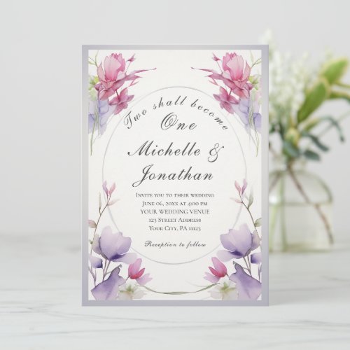 Two Shall Become One Lavender Pink Floral Wedding Invitation