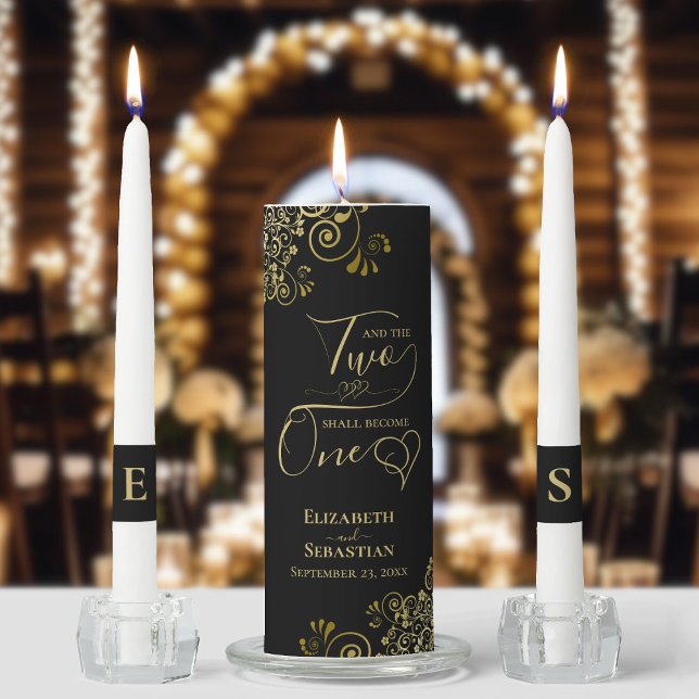Two Shall Become One Ornate Gold & Black Elegant Unity Candle Set (Creator Uploaded)
