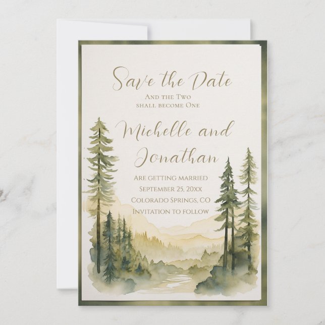 Two Shall Become One Pine Trees Christian Wedding  Save The Date (Front)