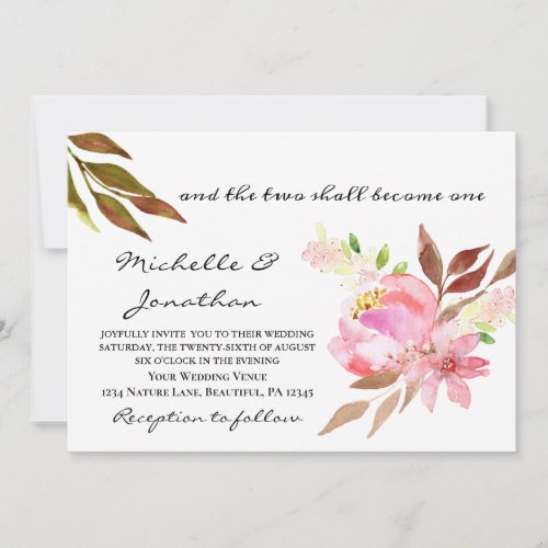 Two Shall Become One Pink Floral Christian Wedding Invitation