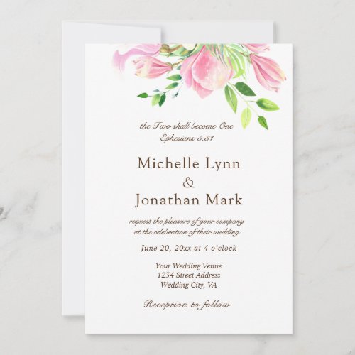 Two Shall Become One Pink Magnolia Christian Invitation