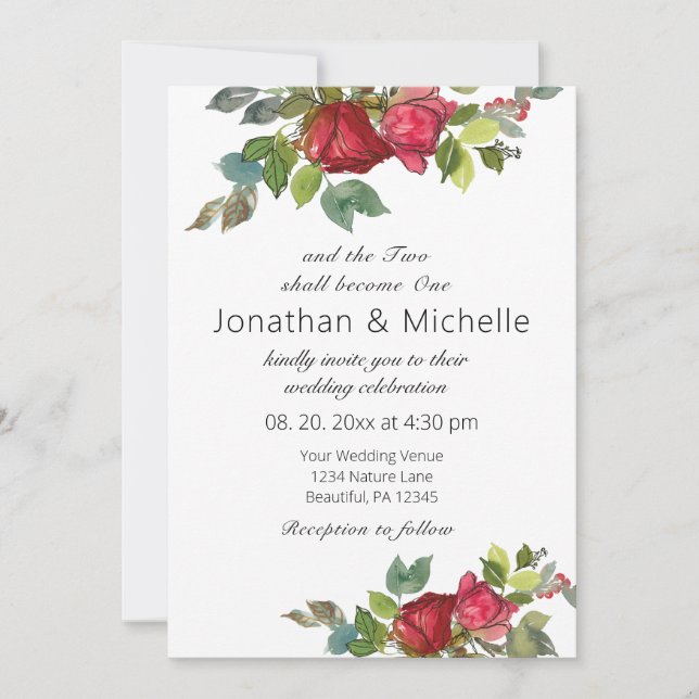 Two Shall Become One Red Roses Christian Wedding Invitation (Front)