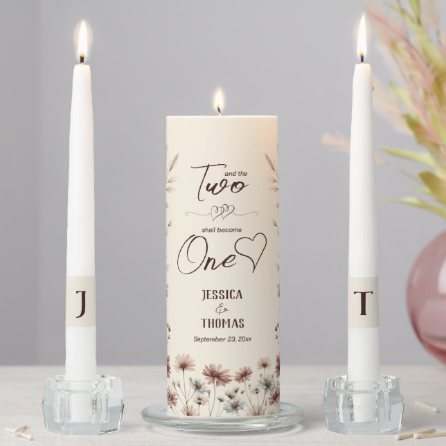 Two Shall Become One Rustic Boho Wildflowers Unity Candle Set (In Situ)