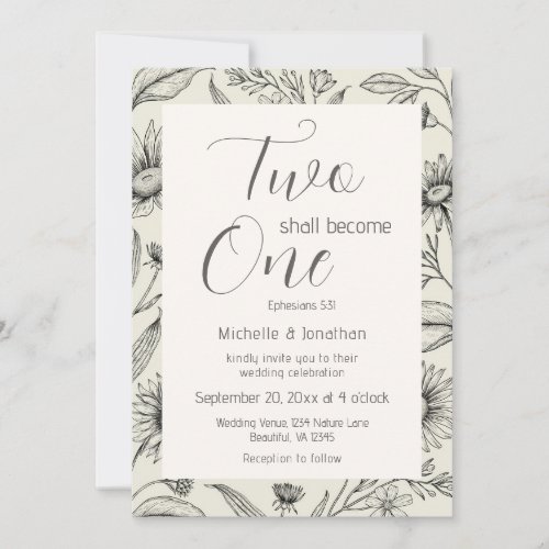 Two Shall Become One Simple Vintage Floral Wedding Invitation