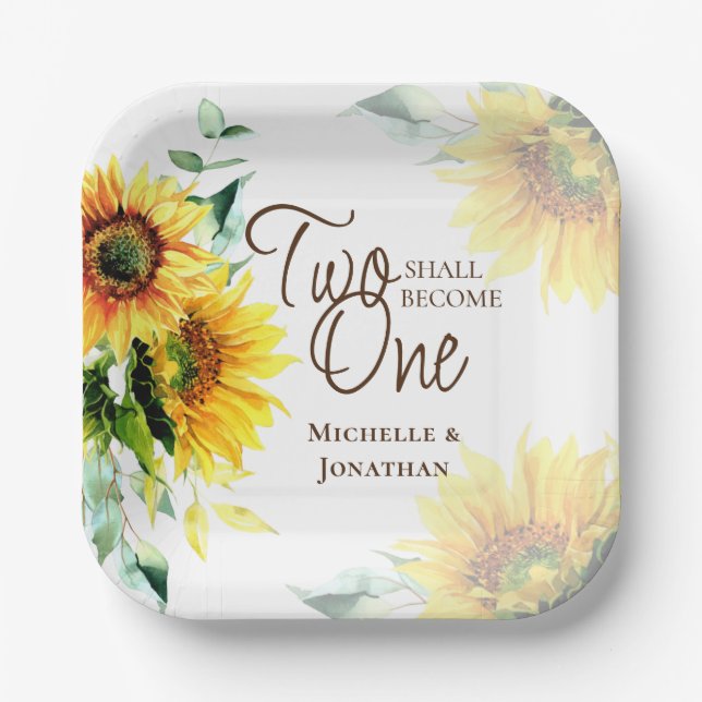 Two Shall Become One Sunflowers Christian Wedding  Paper Plates (Front)