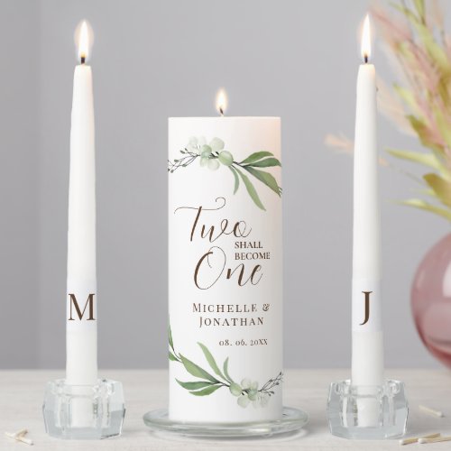 Two Shall Become One Watercolor Greenery Wedding Unity Candle Set