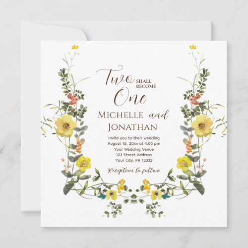 Two Shall Become One Yellow Flowers Bible Wedding Invitation