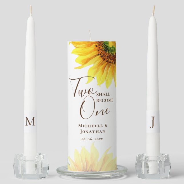 Two Shall Become One Yellow Sunflowers Wedding Unity Candle Set (Front)
