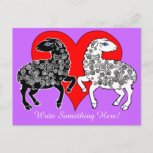 Two Sheep Black White Big Red Heart Personalized Postcard (Front)